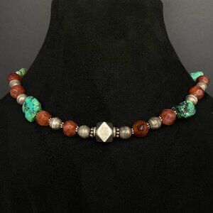 Antique Tibetan Red Carnelian & Natural Turquoise Bead Choker / 16" Sterling Sil